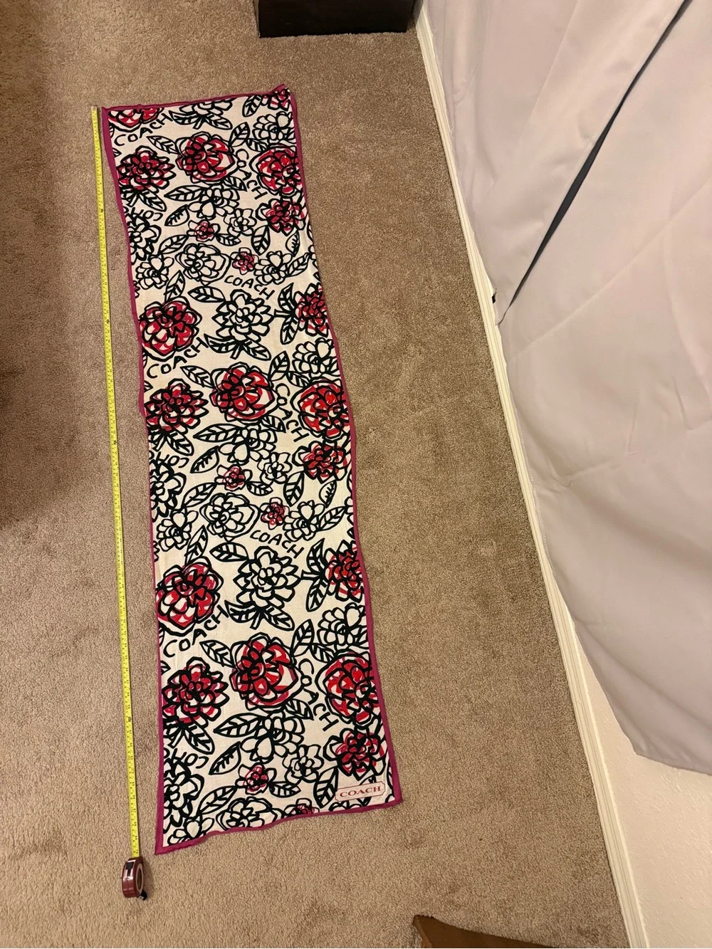 Coach Floral Logo Silk Scarf in White, Red & Black with Pink Trim